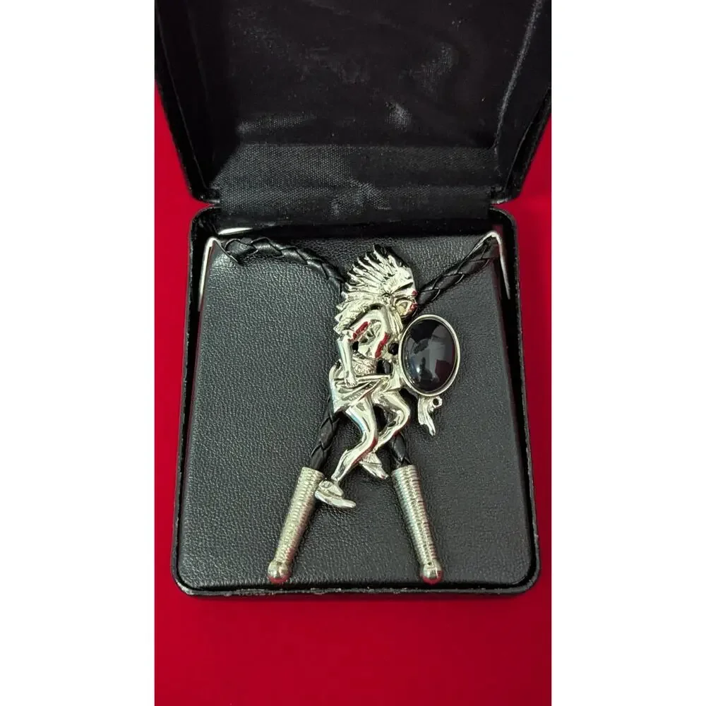 American Indian Warrior With Hatchet Bolo Tie Black Stone Made In USA Silver